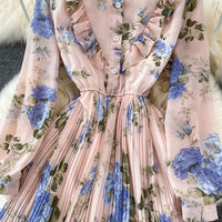 Front ruffle button up floral pleated maxi dress