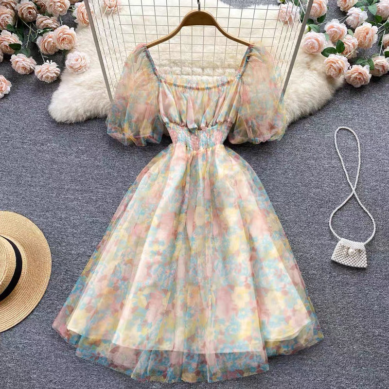 Floral watercolour on mesh lace puff dress