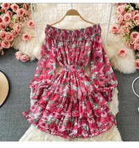 Cuff sleeve off shoulder floral ruffle layers mini chiffon dress