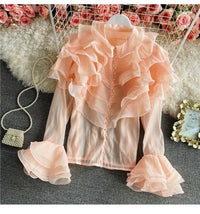 Flounce sleeve ruffle front with pearls button blouse