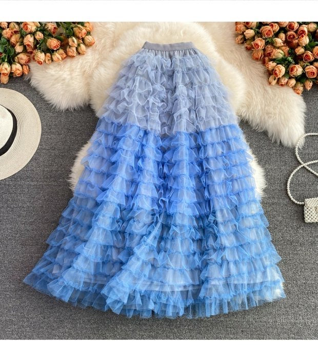 Ruffle shirring lace skirt