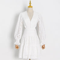 V neck eyelet embroidery lace back cut out dress