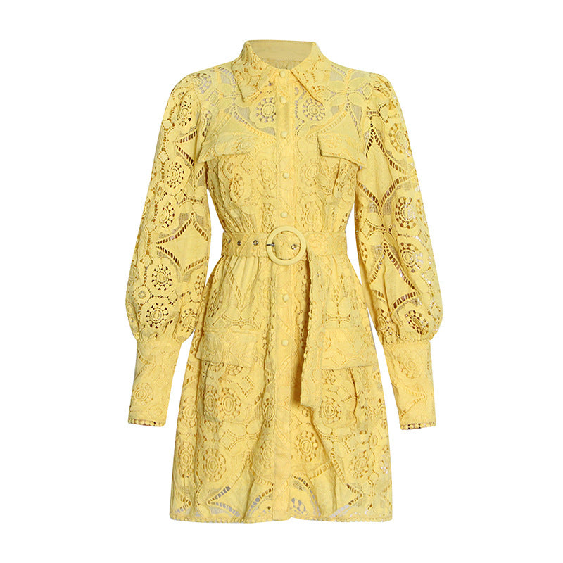 Belted Eyelet embroidery shirt dress