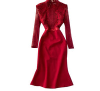 Mesh sleeve embellished lace blousons dress in red