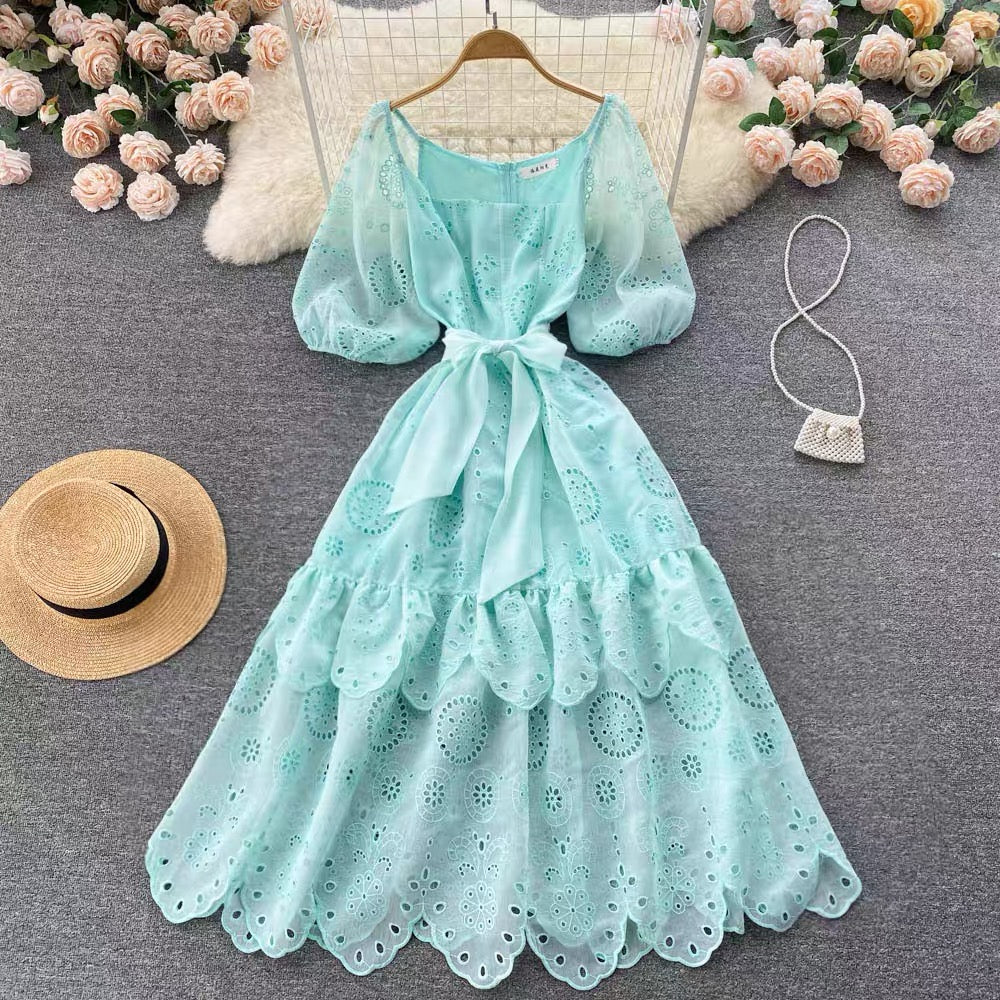 Belted eyelet embroidery lace midi dress