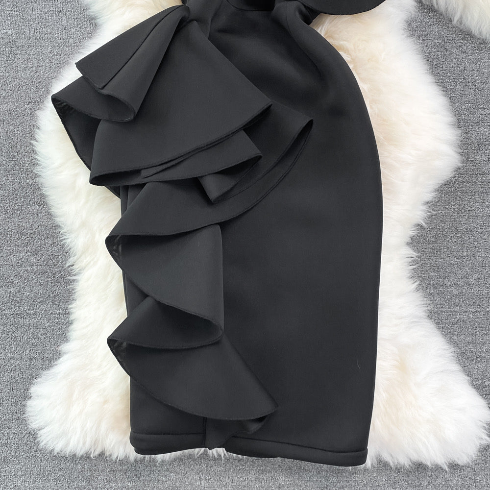 One shoulder side ruffle sheath dress