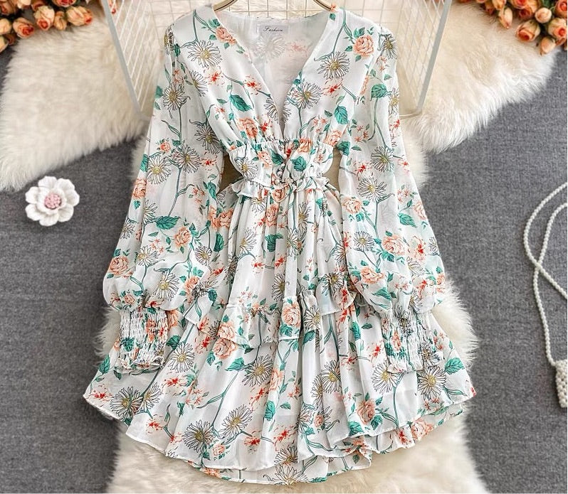 Bishop sleeve deep V neck floral ruffle dress