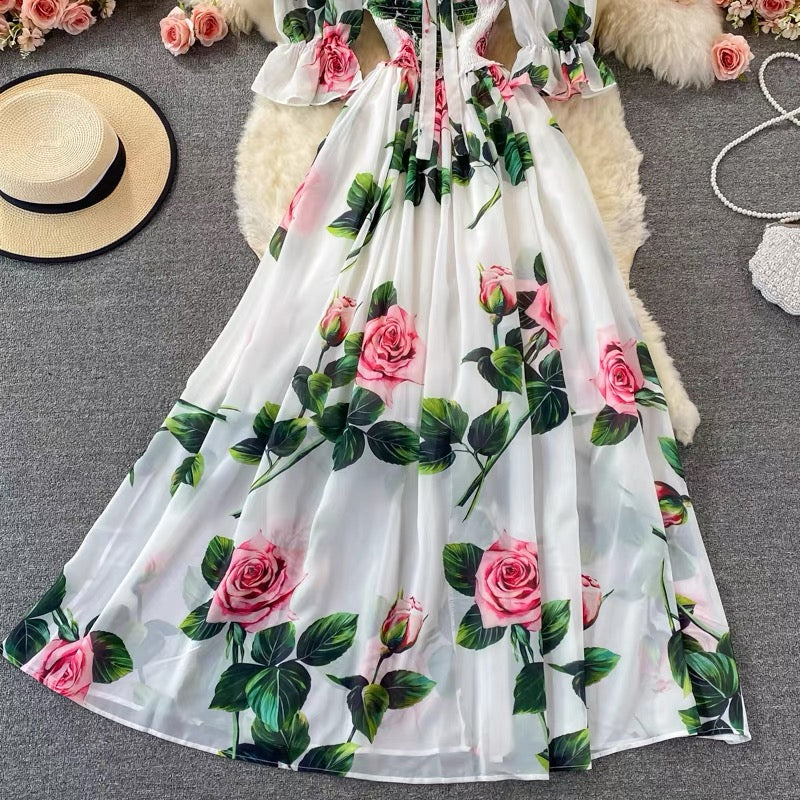 Off shoulder smocked waist roses print maxi dress