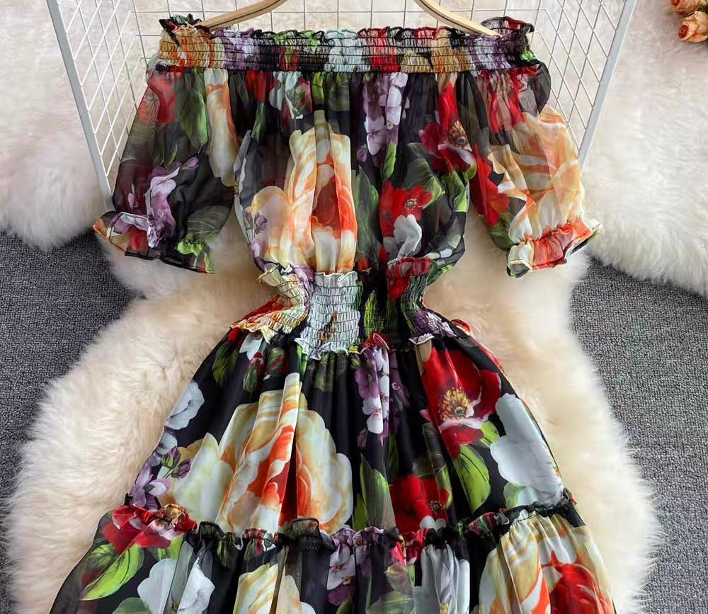 Off shoulder full blooms midi dress