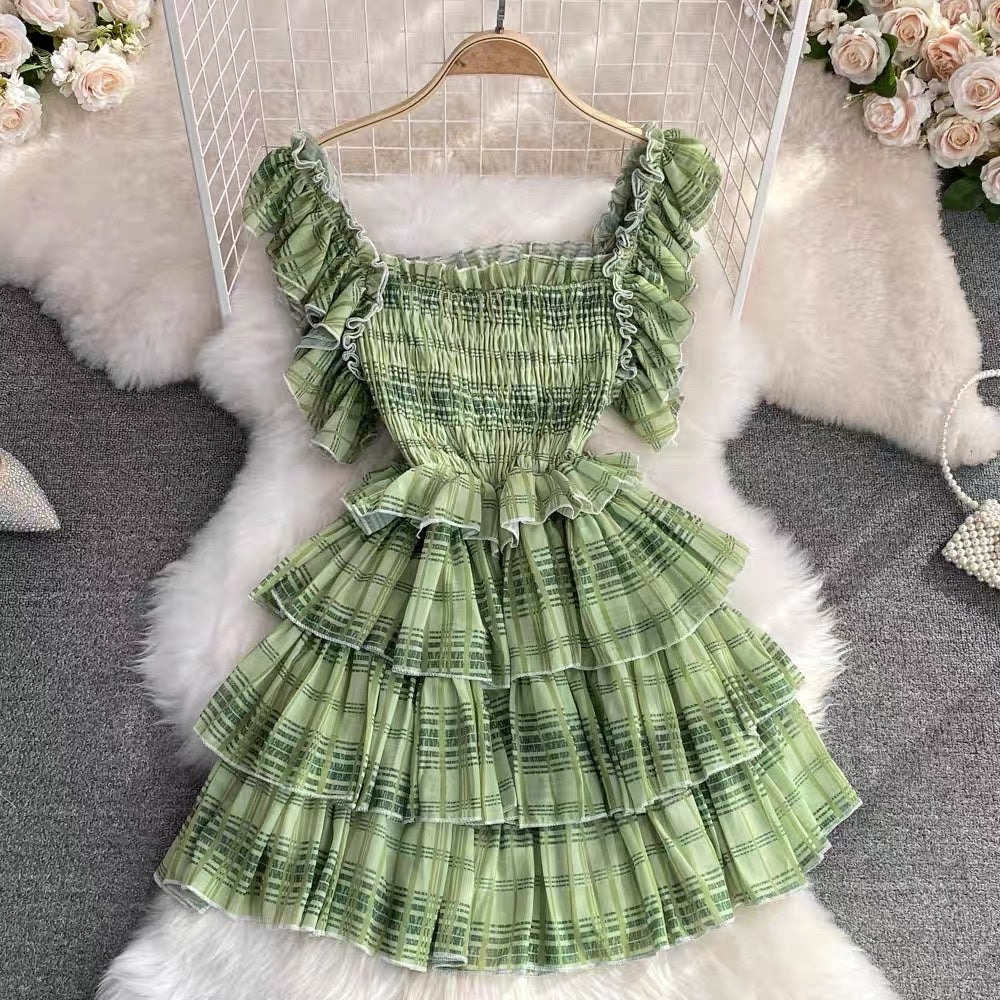 Smocked bodice ruffle layers plaid mini dress