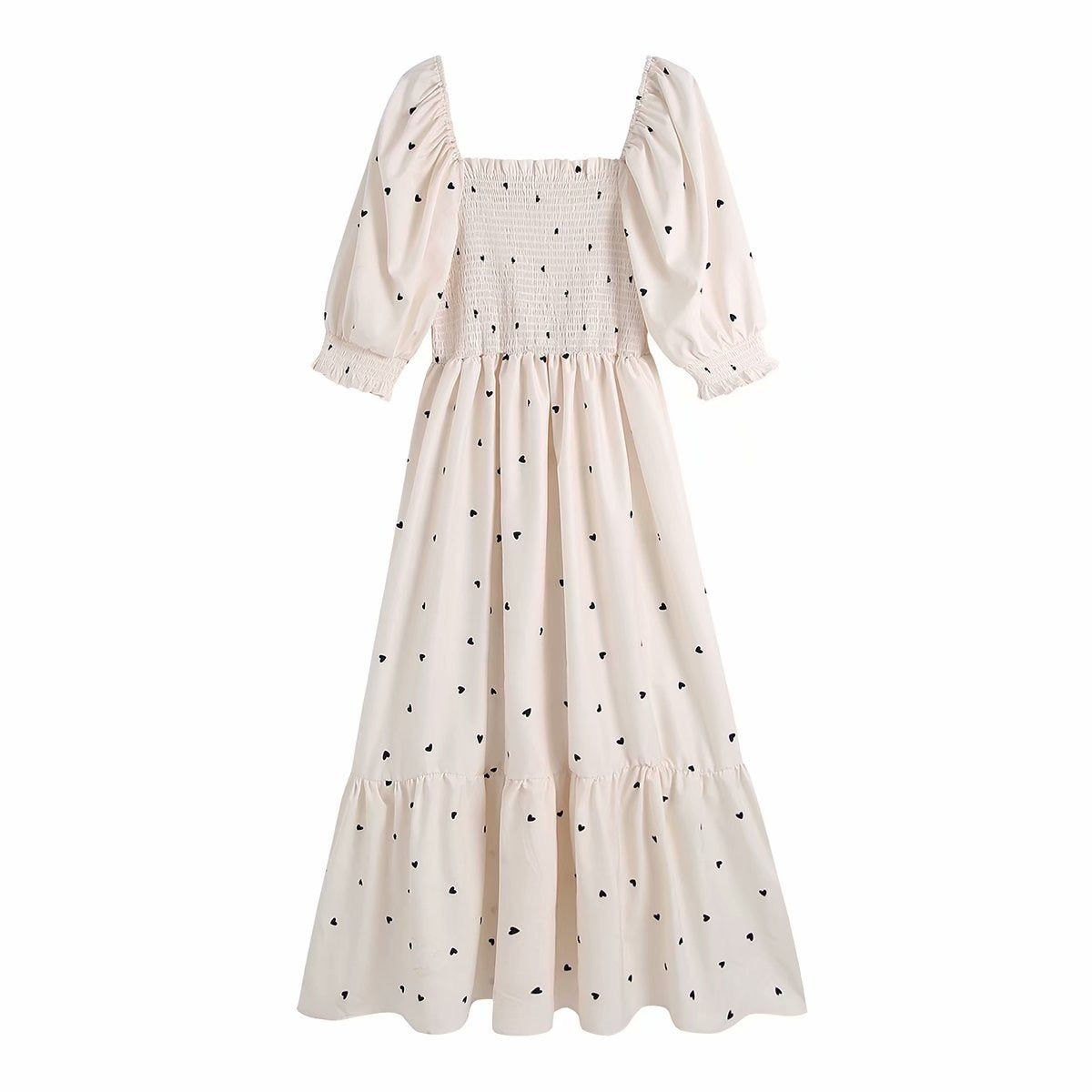 Heart prints smocked-bodice low drop dress