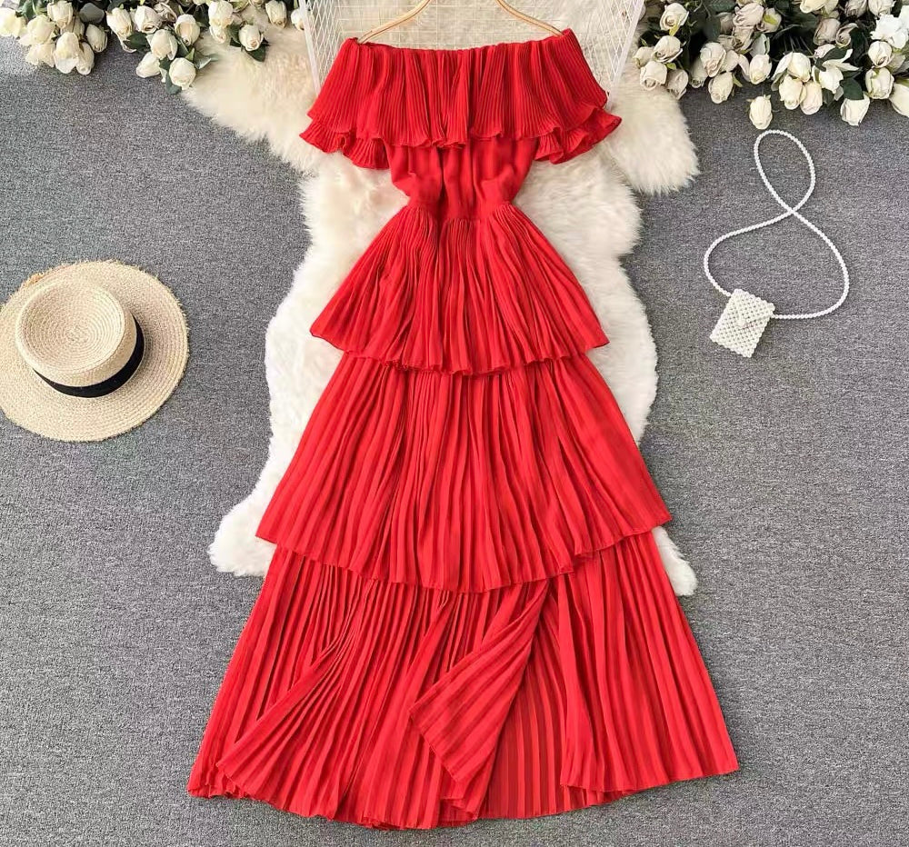 Off shoulder flappy pleated layers slit dress