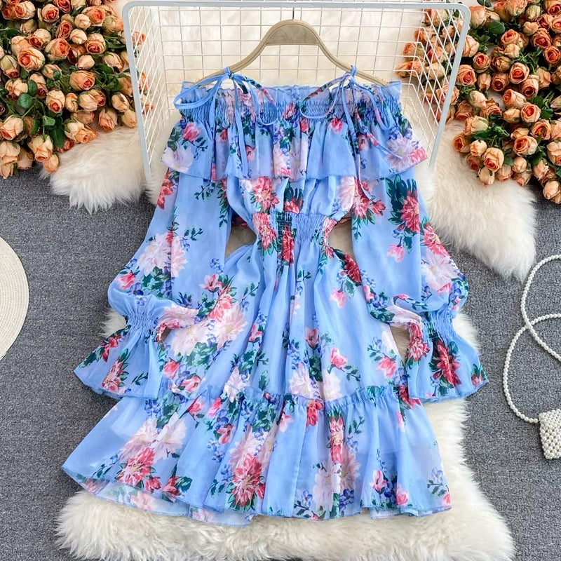 Off shoulder Shirring sleeve floral pouf dress