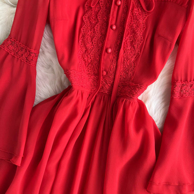 Flounce sleeve bowknot embellished lace maxi dress in red