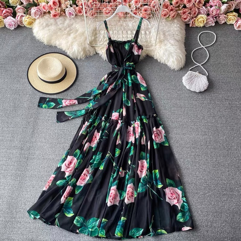 Strappy tie belt maxi roses dress