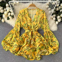 Lantern sleeve floral ruffle layers dress