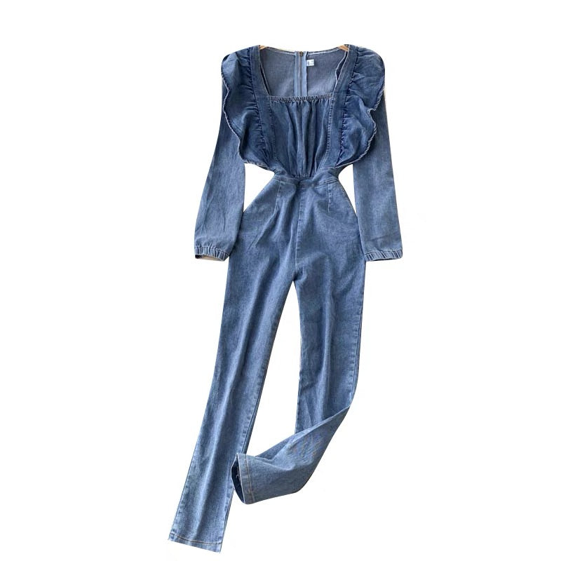 Ruffle apron jumpsuit in denim