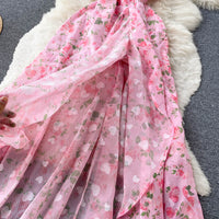 One shoulder asymmetrical side split pink floral maxi dress