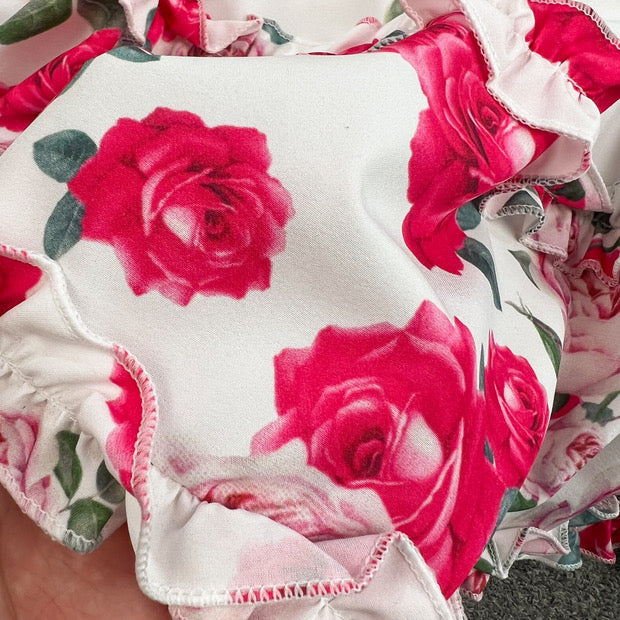 Belted ruffle tiered Roses dress