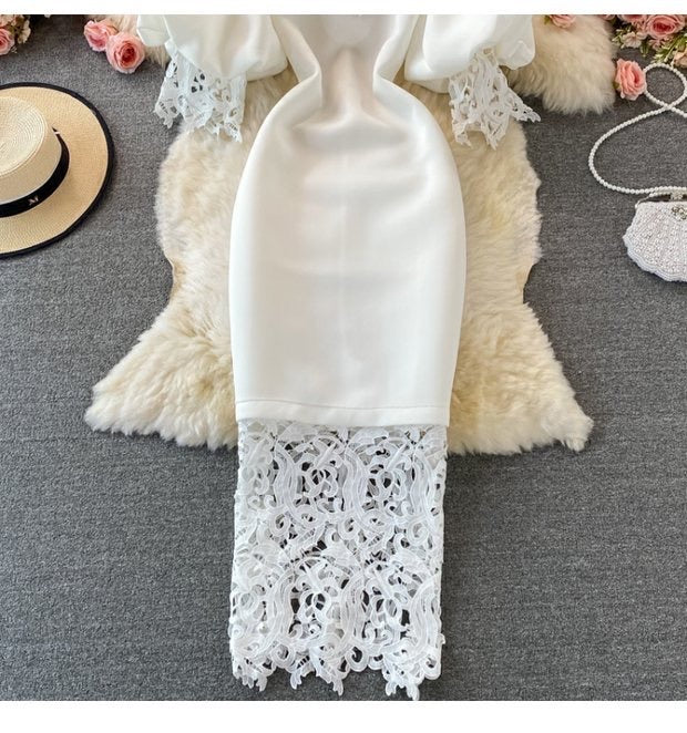 Off shoulder puff sleeve extender lace trim dress