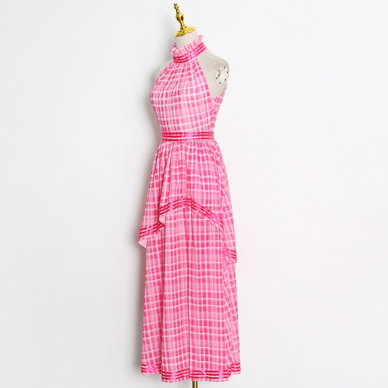 Halter asymmetrical layers side split plaid dress