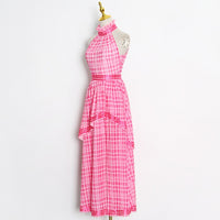 Halter asymmetrical layers side split plaid dress