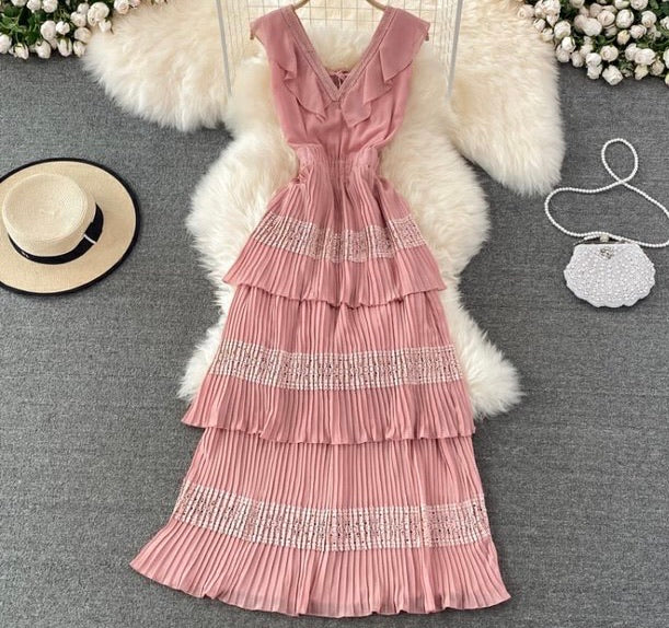 V Neck accordion pleated layers dress