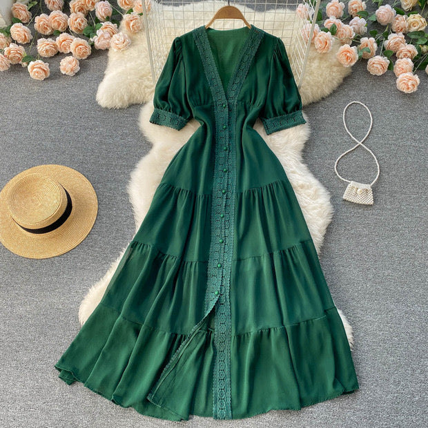 Short sleeve V neck tiered maxi chiffon dress