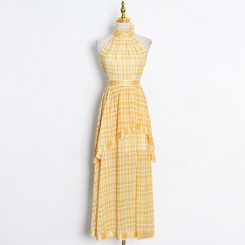 Halter asymmetrical layers side split plaid dress