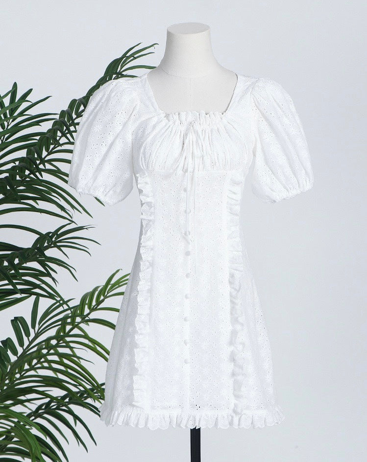 Eyelet embroidery lace drawstring neckline mini dress