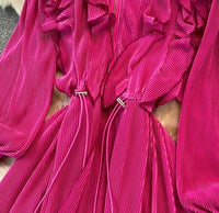 Bishop sleeve front ruffle drawstring waist maxi dress