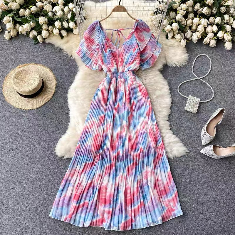 Tie dye pleated midi dress