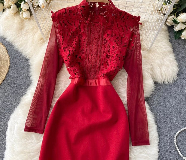 Mesh sleeve embellished lace blousons dress in red