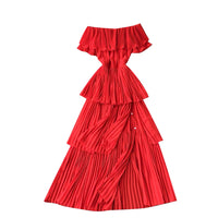 Off shoulder flappy pleated layers slit dress