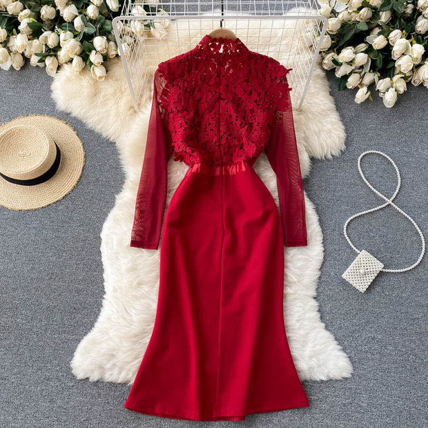 Mesh sleeve embellished lace blousons dress in red