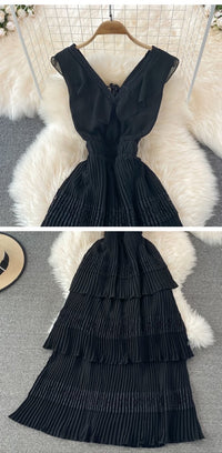 V Neck accordion pleated layers dress