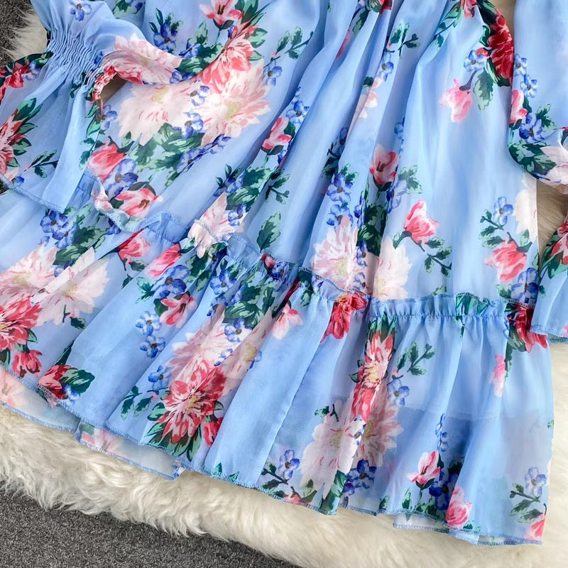 Off shoulder Shirring sleeve floral pouf dress