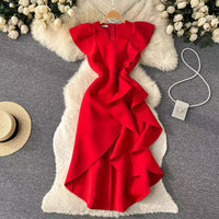 Asymmetrical side ruffle notched neck dress