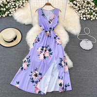 Summer floral V neck split dress