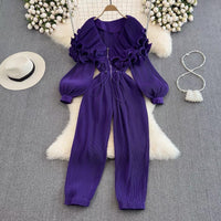 Zip up ruffle layers collar plisse jumpsuit