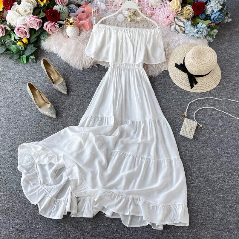 Flappy off shoulder tiered solid dress