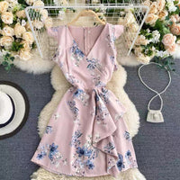 V neck ruffle floral mini dress