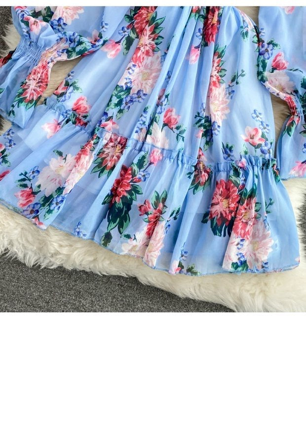 Off shoulder Shirring sleeve floral pouf dress