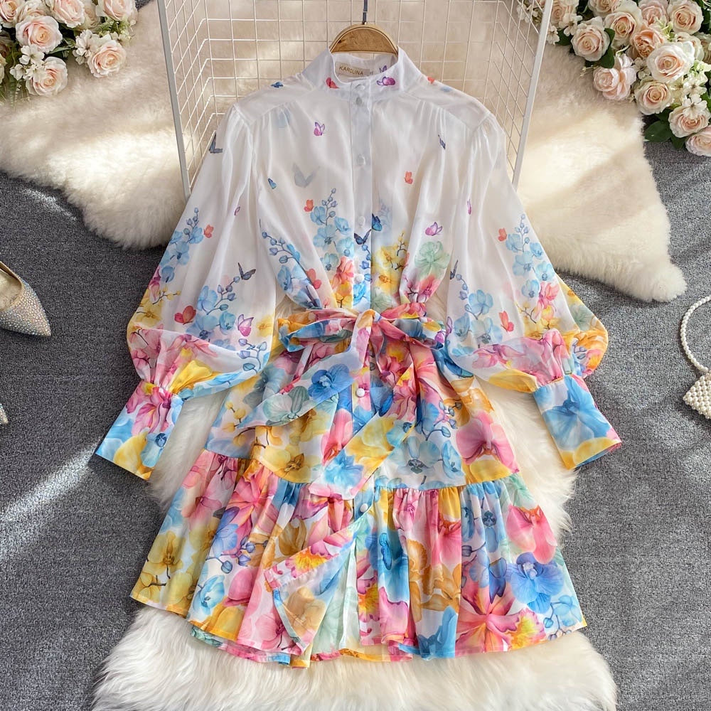 Belted button down floral chiffon mini dress