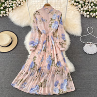 Front ruffle button up floral pleated maxi dress