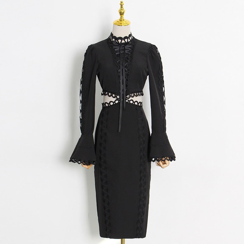 Flounce sleeve embellished eyelet embroidered waist cut out midi dress