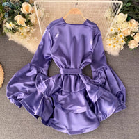 Lantern sleeve V neck ruffle layers satin dress