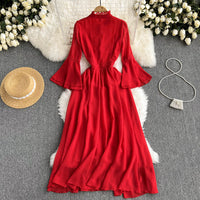 Flounce sleeve bowknot embellished lace maxi dress in red