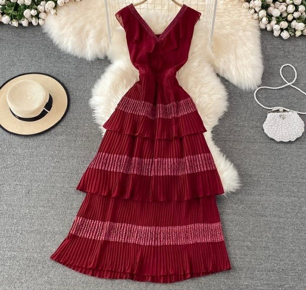 V Neck accordion pleated layers dress