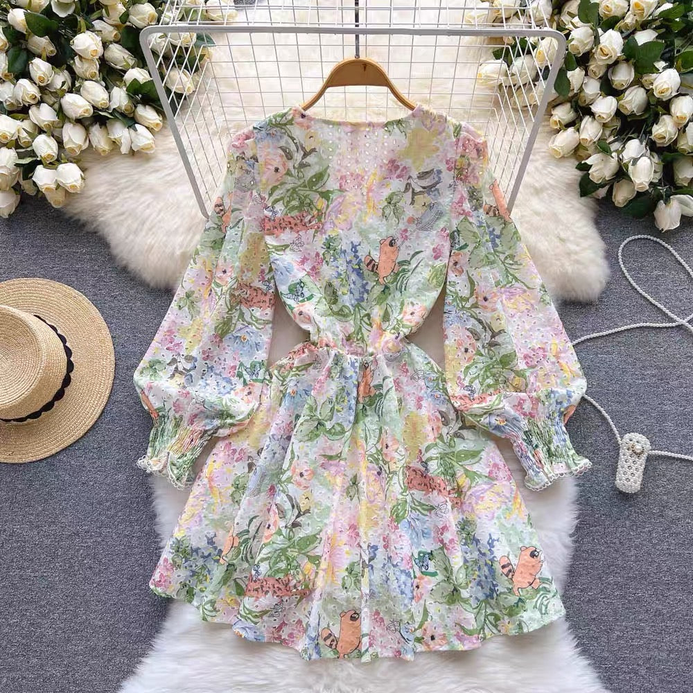 V neck bowknot eyelet floral mini dress